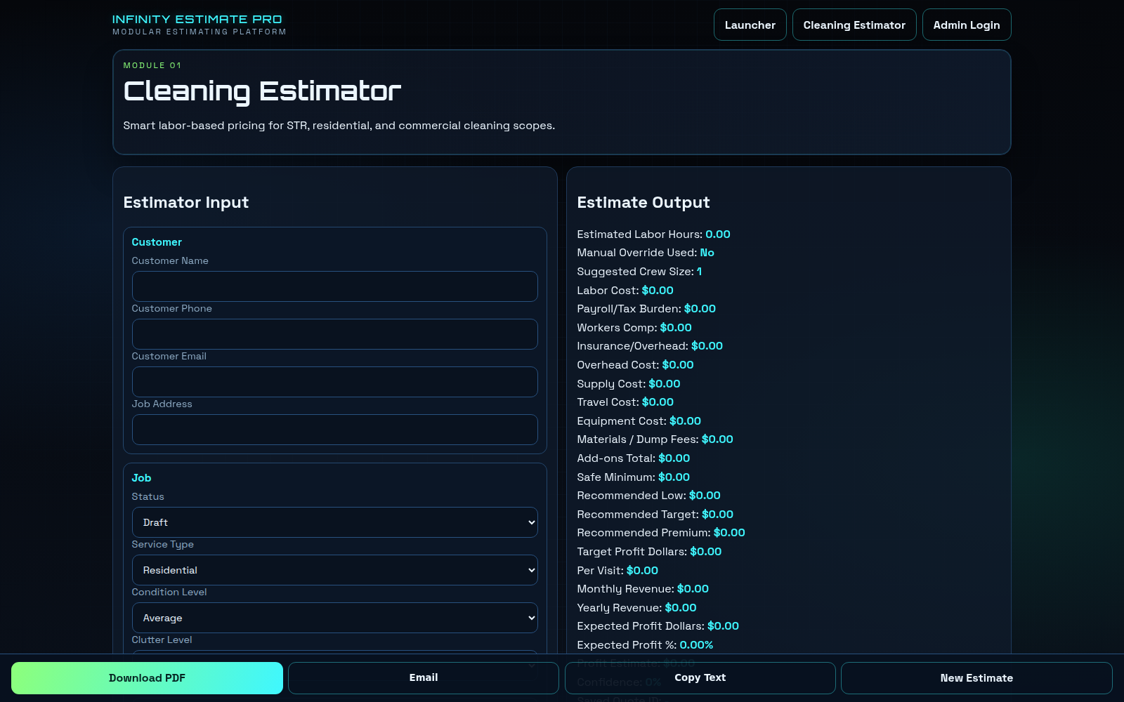 Cleaning Estimator module screenshot